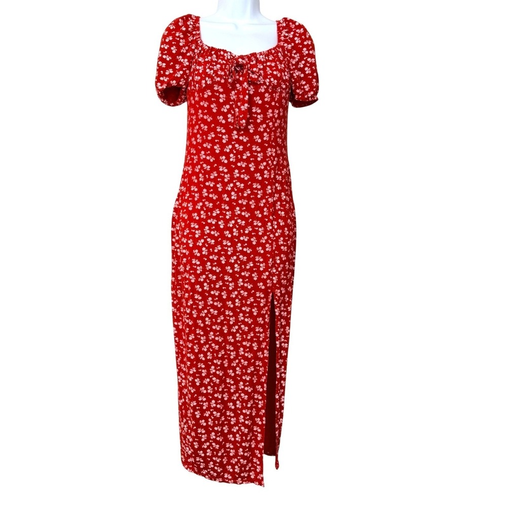 Missguided Maxi Dress Womens US‎ 8 Red Floral Milkmaid Puff Sleeve Jersey Knit